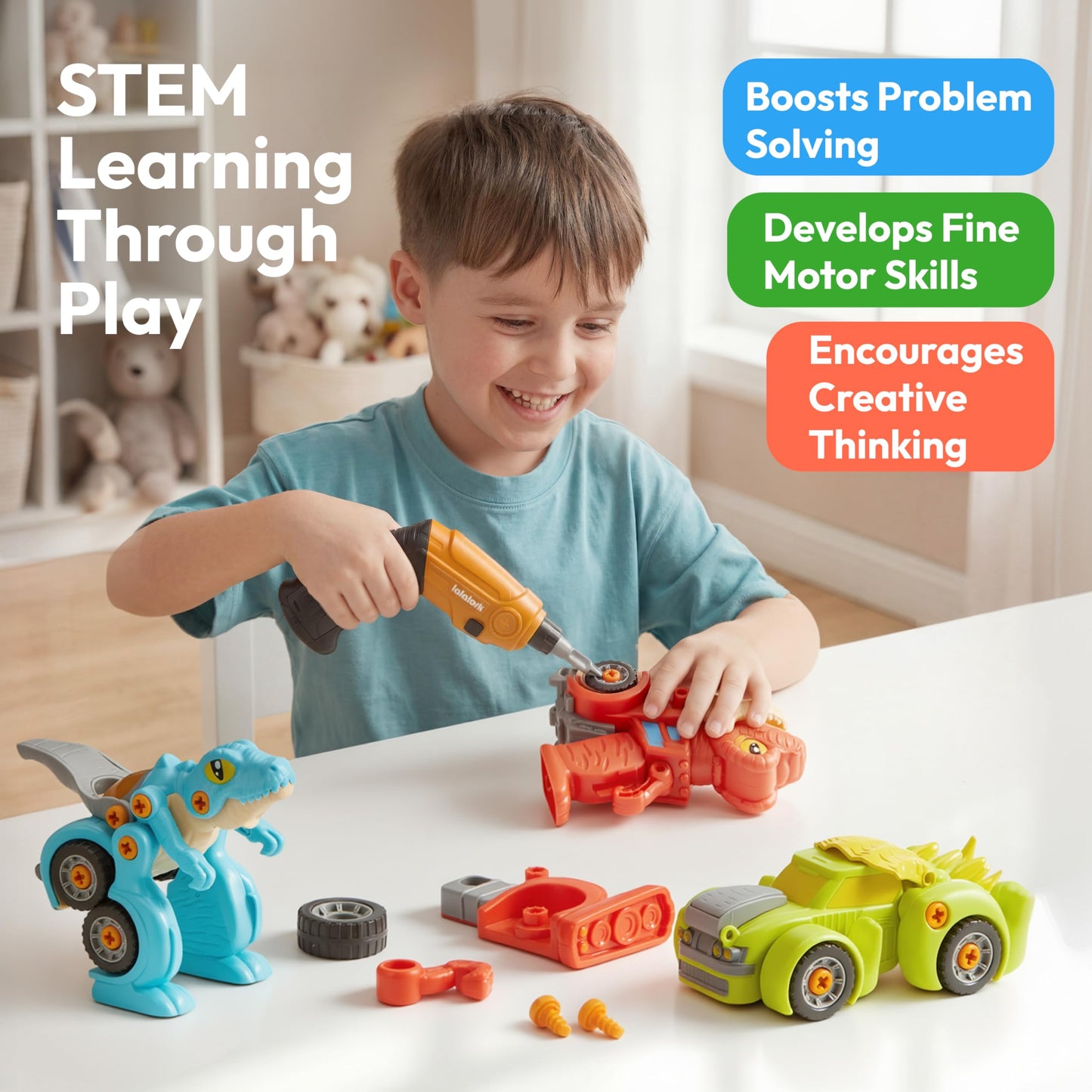 lalalark Dinosaur Cars, Dinosaur Toys for Kids 3-5, Take Apart Construction Building Toy with Electric Drill, STEM Educational Transform Car Playsets