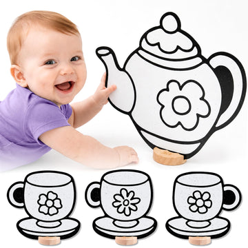 High-Contrast Black & White 3D Tea Party Set - Builds Baby Vision Books & Cards Can't. Then Toddler Motor Skills for School. Re-Colorable Teapot,