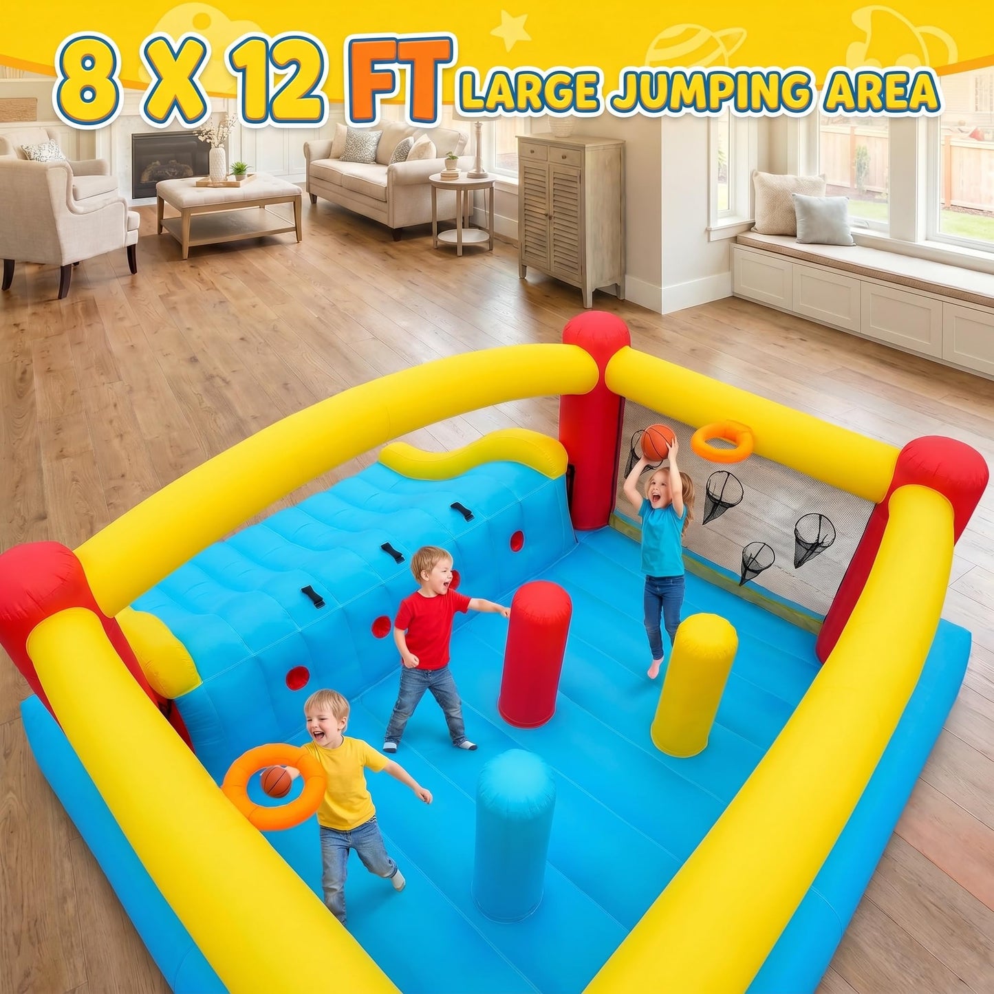 Whubefy Inflatable Bounce House for Big Kids 8-12, 13.4x13.4Ft Bouncy House Indoor/Outdoor, Jumping Castle with Blower for Kids, Space Theme Bounce