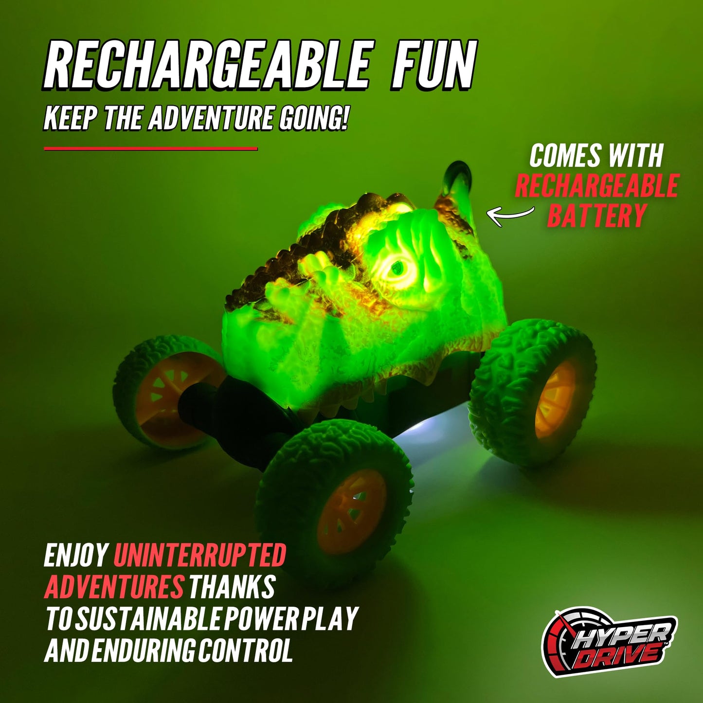 Hyper Drive RC Dinosaur Stunt Car - 360 Rolling Twister, Light-Up Action, Durable Remote-Control Toy for Boys and Girls, Full-Function with Hand