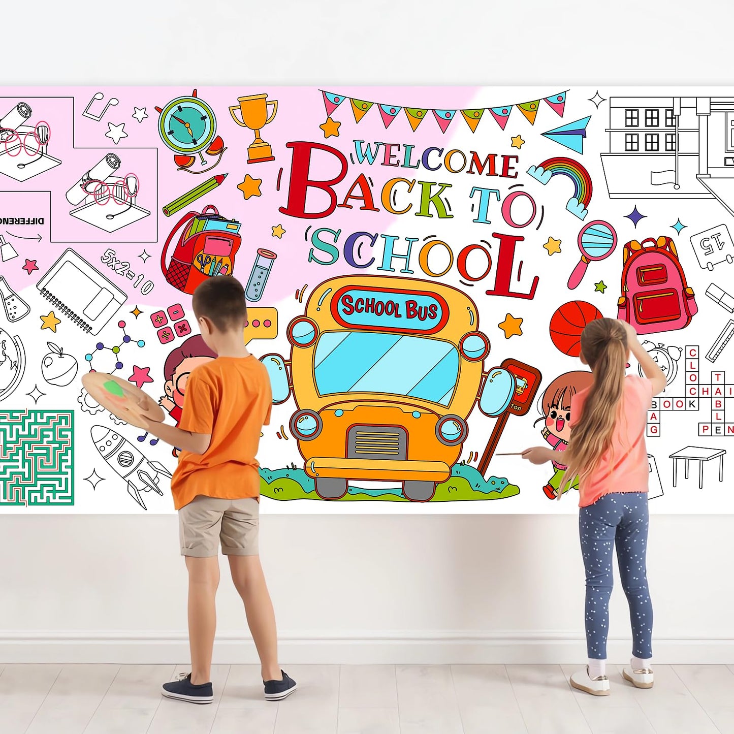 Leezead Back to School Giant Coloring Poster, Large Welcome Back Coloring Tablecloth/Table Cover Back to School Color-in Activity Poster for First Day