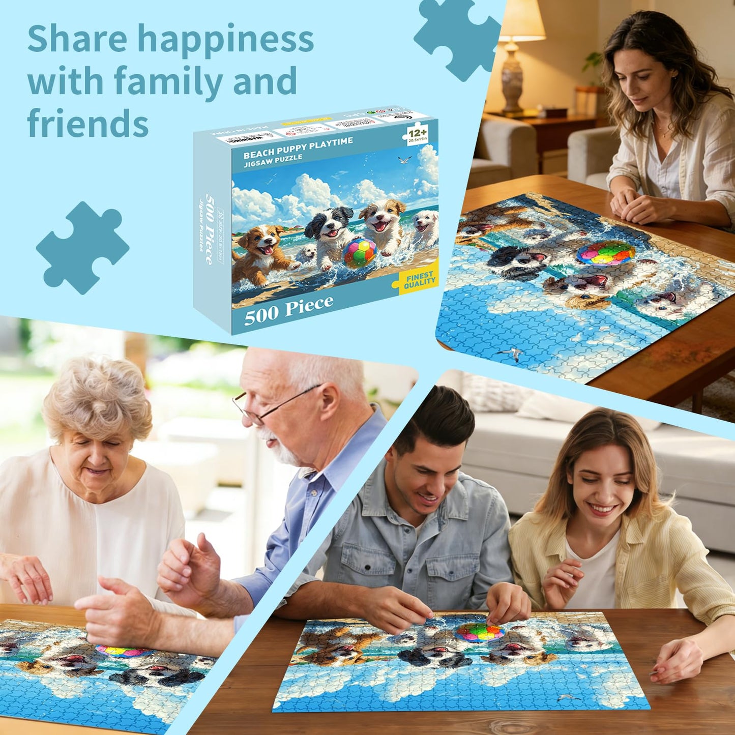 500 Piece Jigsaw Puzzle for Adults, Cute Puppies Playing on Beach with Colorful Ball and Ocean View, Summer Dog Puzzle for Family Game Night and Home