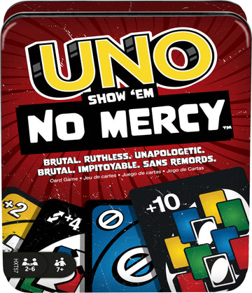 Mattel Games UNO Show ‘em No Mercy Card Game in Storage & Travel Tin for Kids, Adults & Family Night with Extra Cards, Special Rules & Tougher