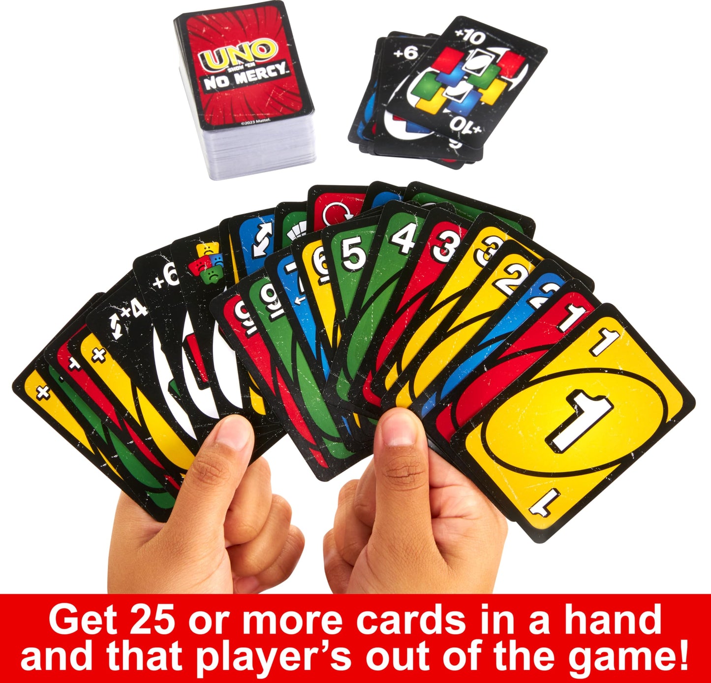 Mattel Games UNO Show ‘em No Mercy Card Game in Storage & Travel Tin for Kids, Adults & Family Night with Extra Cards, Special Rules & Tougher