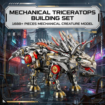 Myth Qholve Mechanical Triceratops Building Set with LED Lights, Display Stand, Movable Linkage Gears, Rotatable Components, Large Scale Collectible