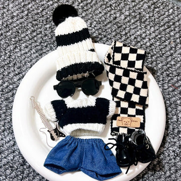 for Labubu Rockstar Outfit Set - Trendy Knitwear with Hat, Sweater, Jeans, Boots, Glasses, Scarf & Guitar (Black Set)