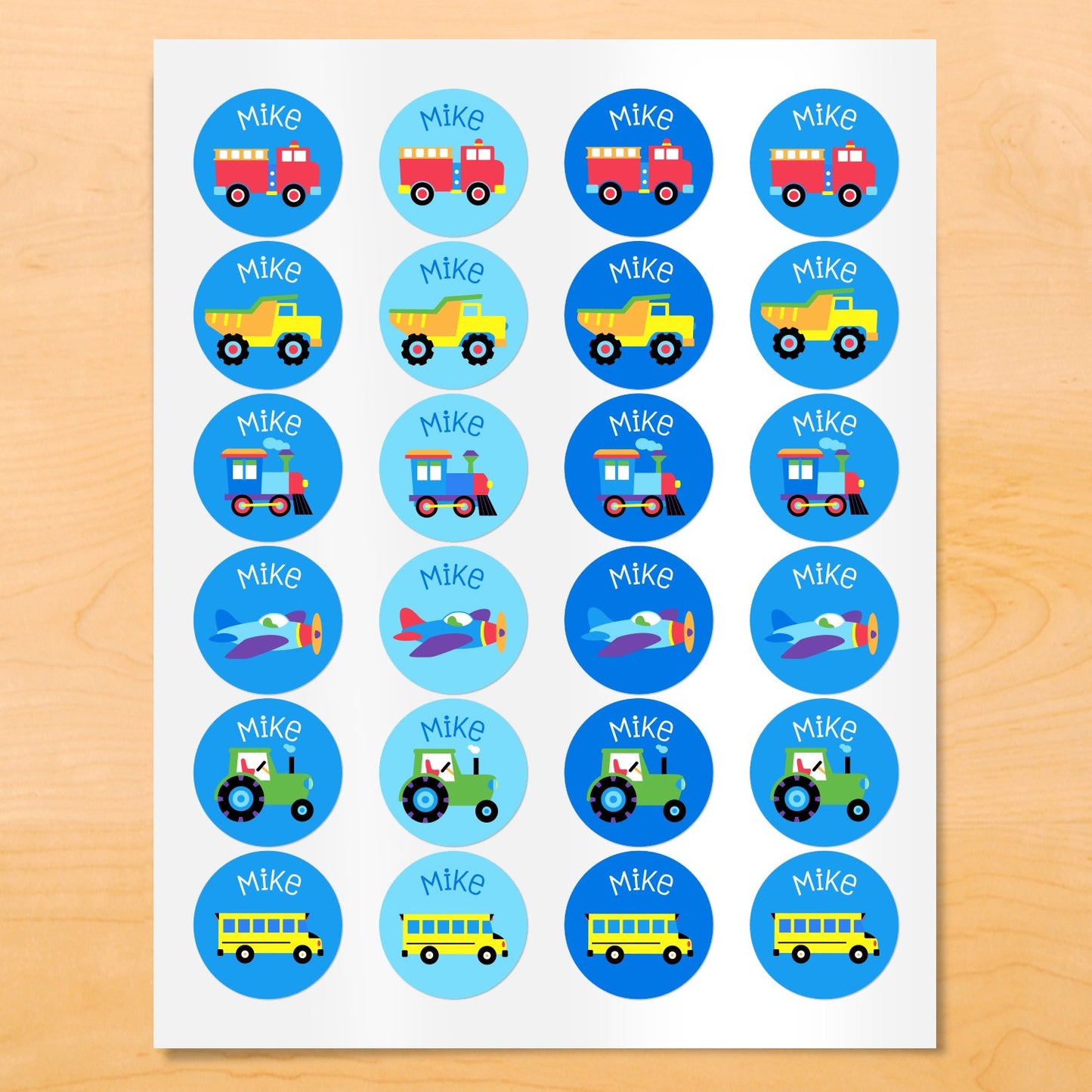 Olive Kids Trains, Planes, Trucks Personalized Round Waterproof Labels