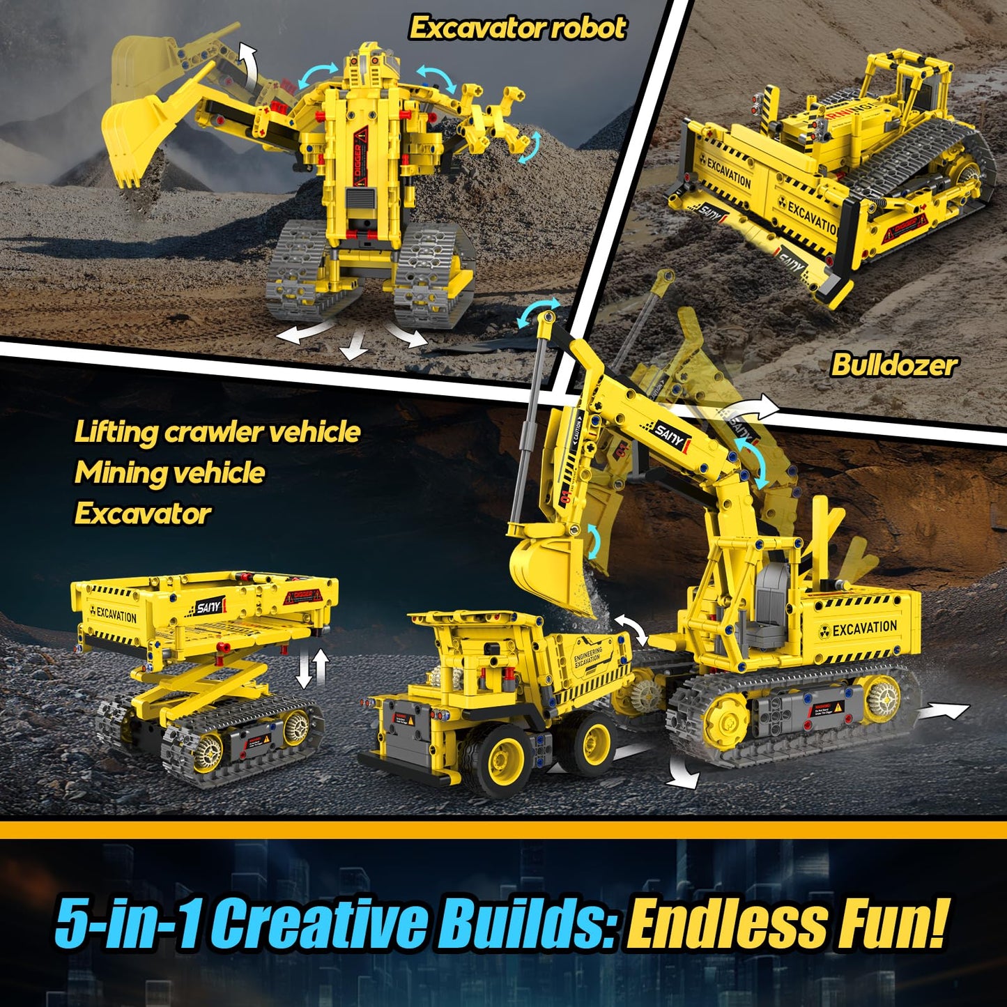 HBUDS Robot Building Kits, 5-in-1 Stem Toys for Boys Age 8-14, APP & Remote Control Excavator Kids Construction Toys, Programmable Erector Sets