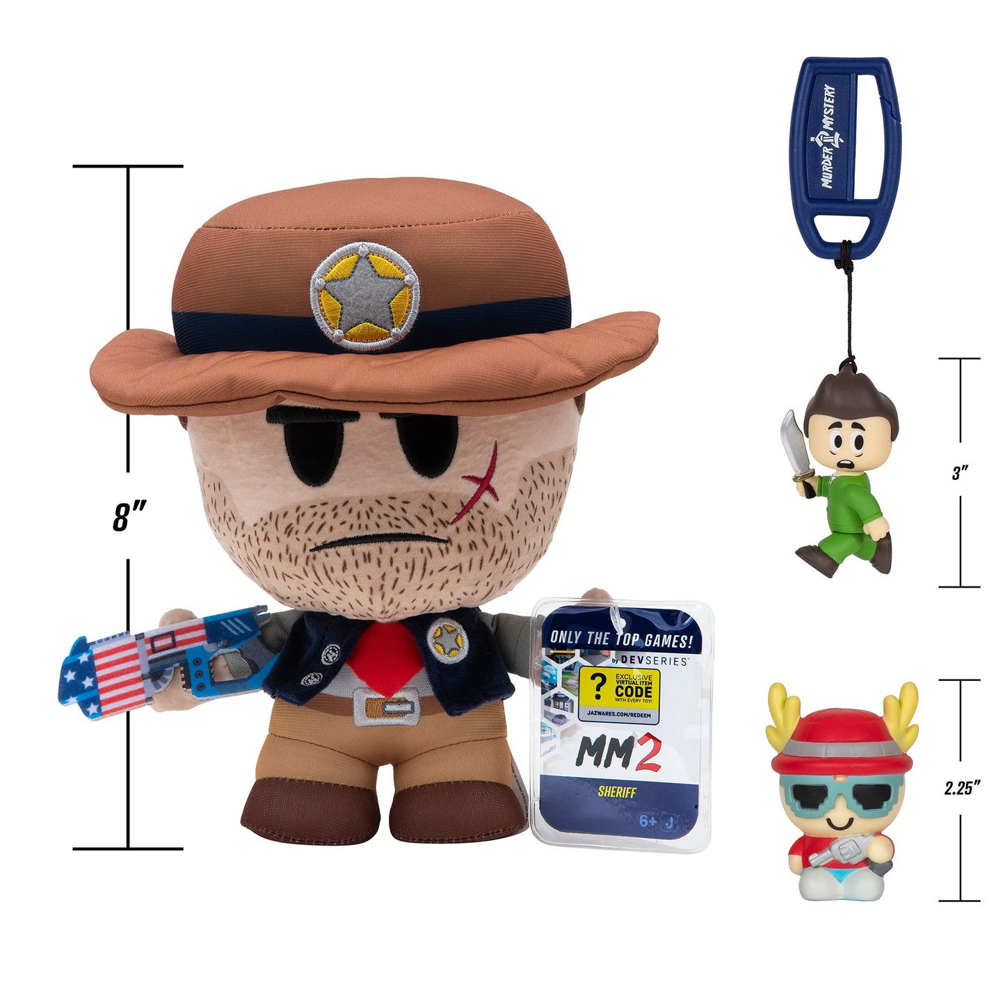 DevSeries Murder Mystery 2 Collector Bundle - Three Exclusive Virtual Item Codes with Sheriff Plush, Nikilis Squooshems, and Running Victor Hanger