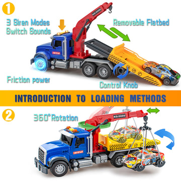 I DIY Big Tow Truck Toy Set With 4pcs Pull-Back Race Car, Friction Powered Transport Truck, Light & Sounds - Construction Toy for Boys Age 3-8