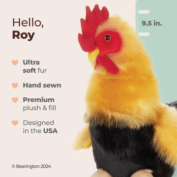 Bearington Roy Rooster Stuffed Animal - 9.5" Chicken Plush Toy with Realistic Details - Soft Yellow and Black Stuffed Chicken with Bean Bag Body