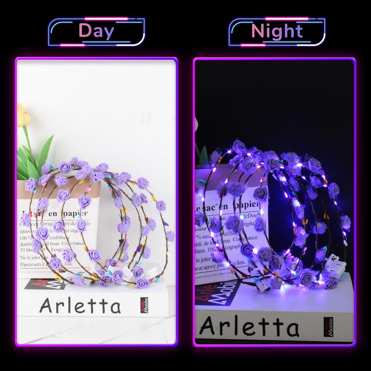 YOFOBU 36PCS LED Flower Crown,Purple Light Up Flower Headband for Women,Glow in The Dark Flower Wreath Crowns for Weddings,Brides,July 4th,Birthday