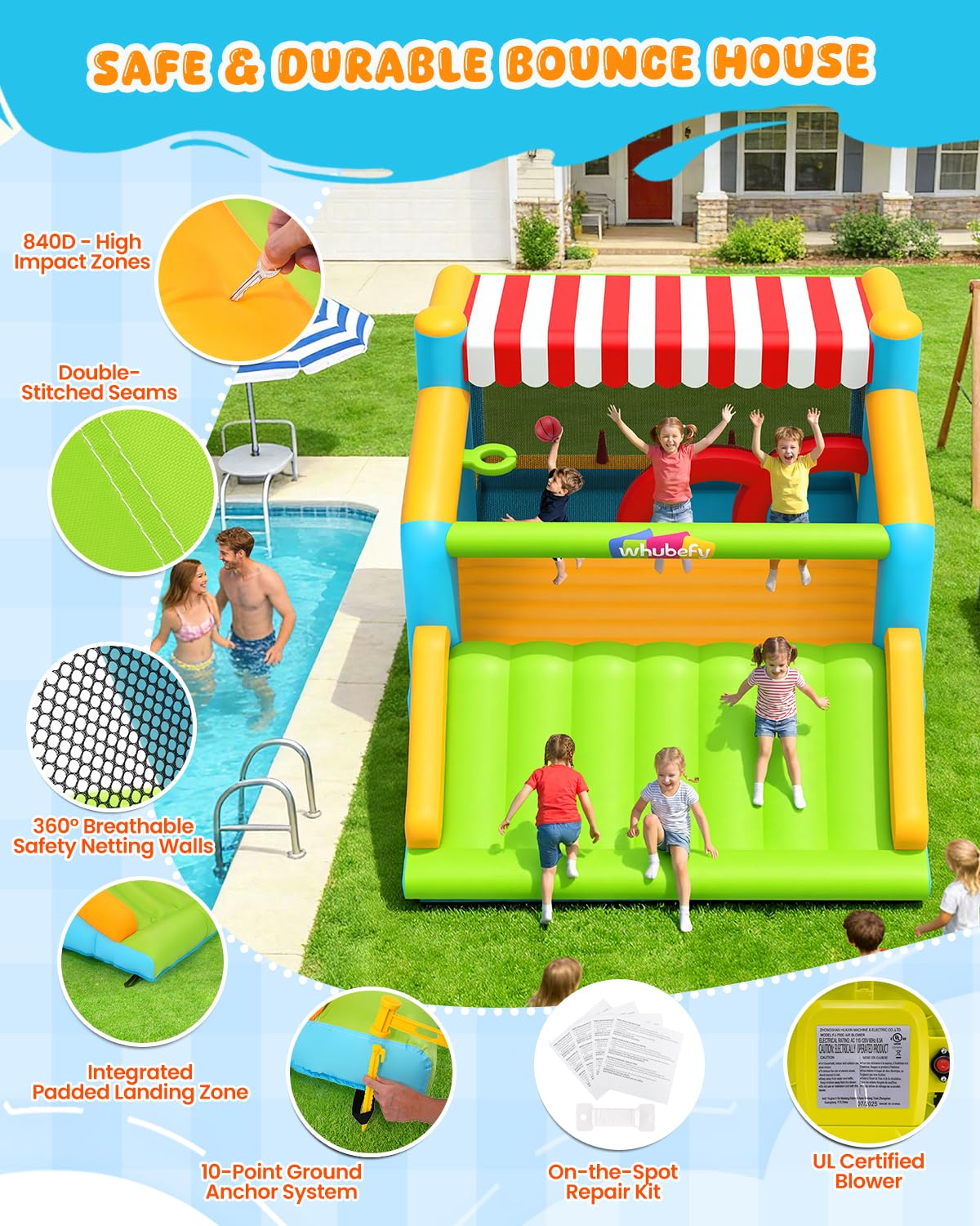 Whubefy Extra Large Bounce House for Big Kids 8-12 & 3-6 with 750W Blower