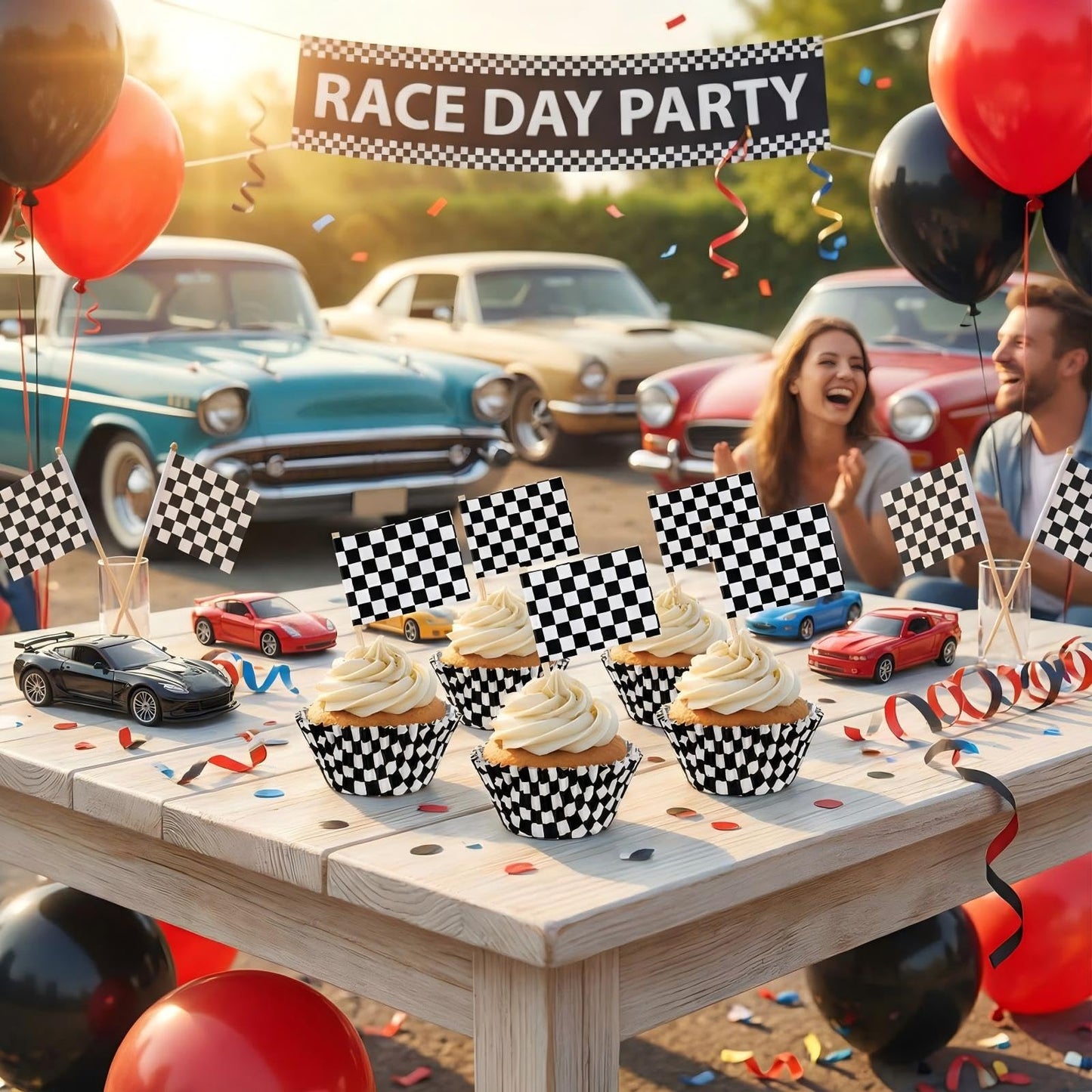 TecUnite 100 Pcs Race Car Checkered Flag Cupcake Wrappers Liners and 100 Pcs Cupcake Toppers Race Car Party Cake Decoration for Racing Checkered Theme