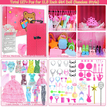 BJDBUS 127 Pcs Doll Wardrobe with Clothes and Accessories, Closet Set for 11.5 Inch Girl Doll Storage Wedding Gown Fashion Dresses Skirts Tops Pants