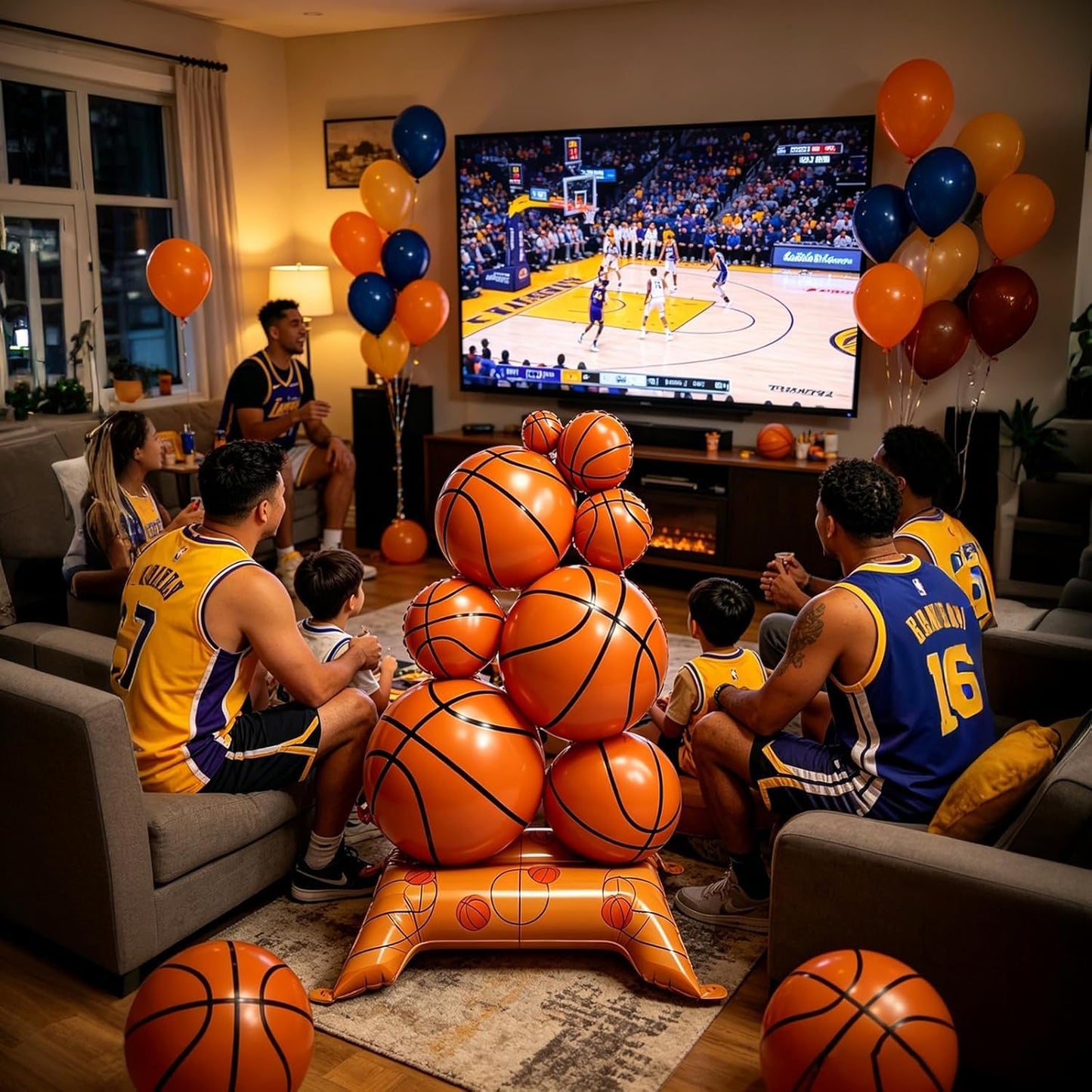2 Pack Self Standing Basketball Foil Balloons 3.5 ft with Field Base for Birthday Themed Party Decoration Sports Supplies Decor (Basketball Pile) (2