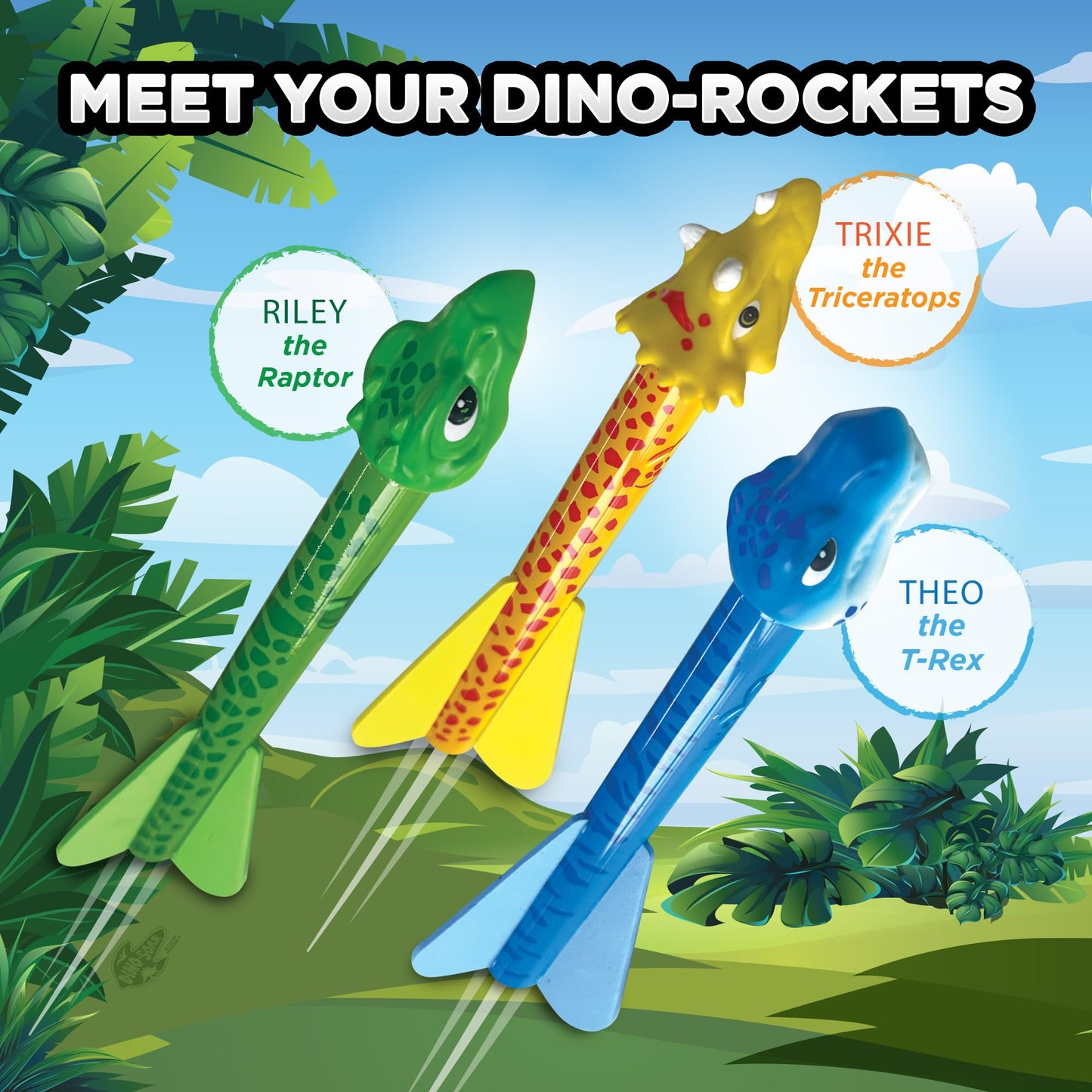 Stomp Rocket Dino-Soar Rocket Launcher for Kids - 3 Dinosaur-Themed Rockets - Fun Backyard & Outdoor Fun Toy Gift for Boys & Girls - STEM Soft Foam