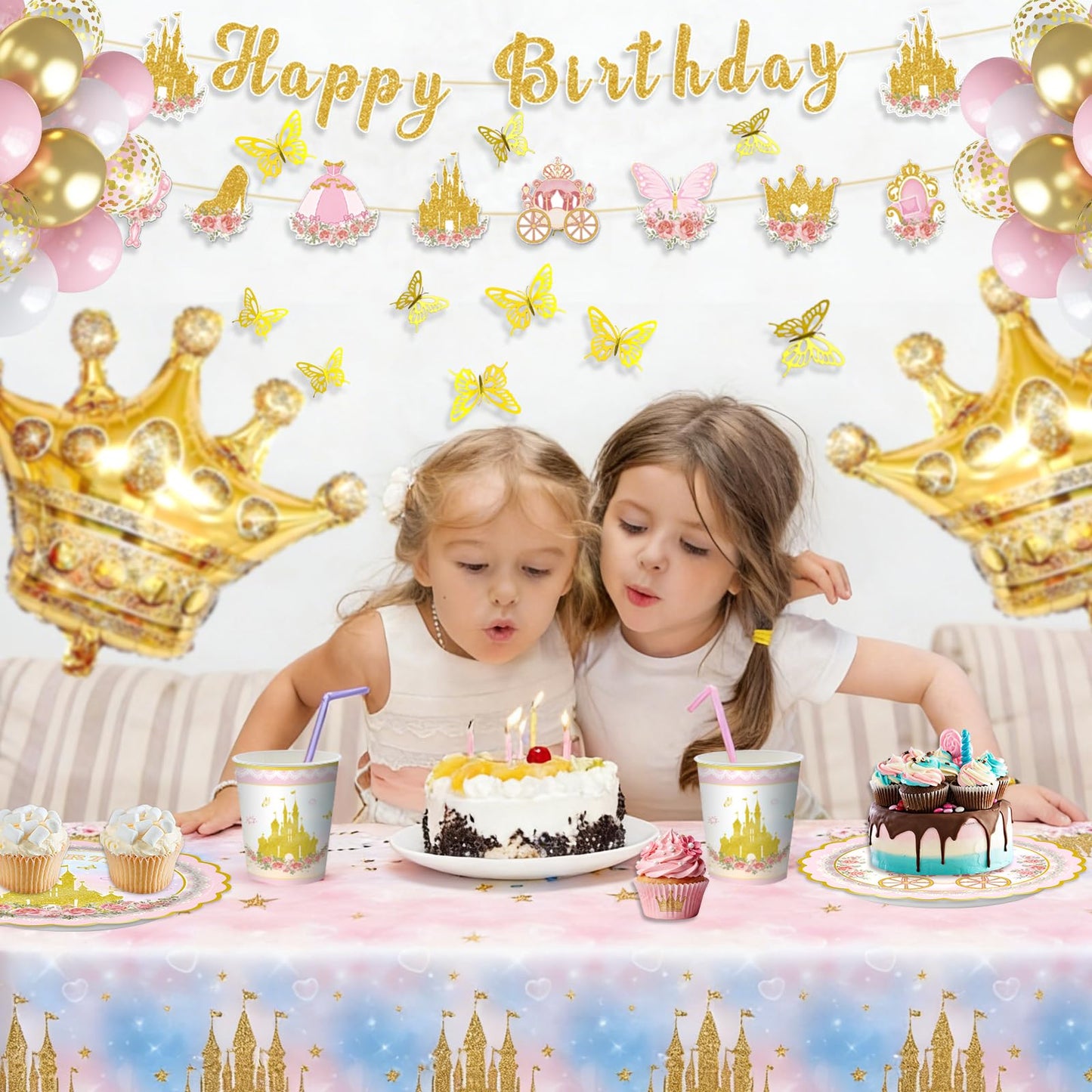 Butterfly Birthday Decorations, Birthday Decorations for Girls - 2 Big Butterfly Foil Balloons, 3D Butterfly Wall Decor, Banner, Tablecloth, Plates