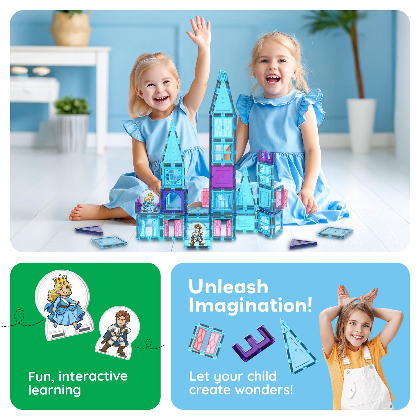 PicassoTiles 70pc Magnetic Tiles Winter Ice Castle Construction Magnet Tile Block Set with Princess Prince Characters Stair Case Windows Doors Pretend