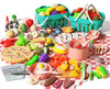 150Pcs Kitchen Playset, Toddlers Pretend Cooking Cookware Accessories, Food, Picnic Blanket, Fruits, Veges, 2Pack Shopping Storage Basket, Dessert