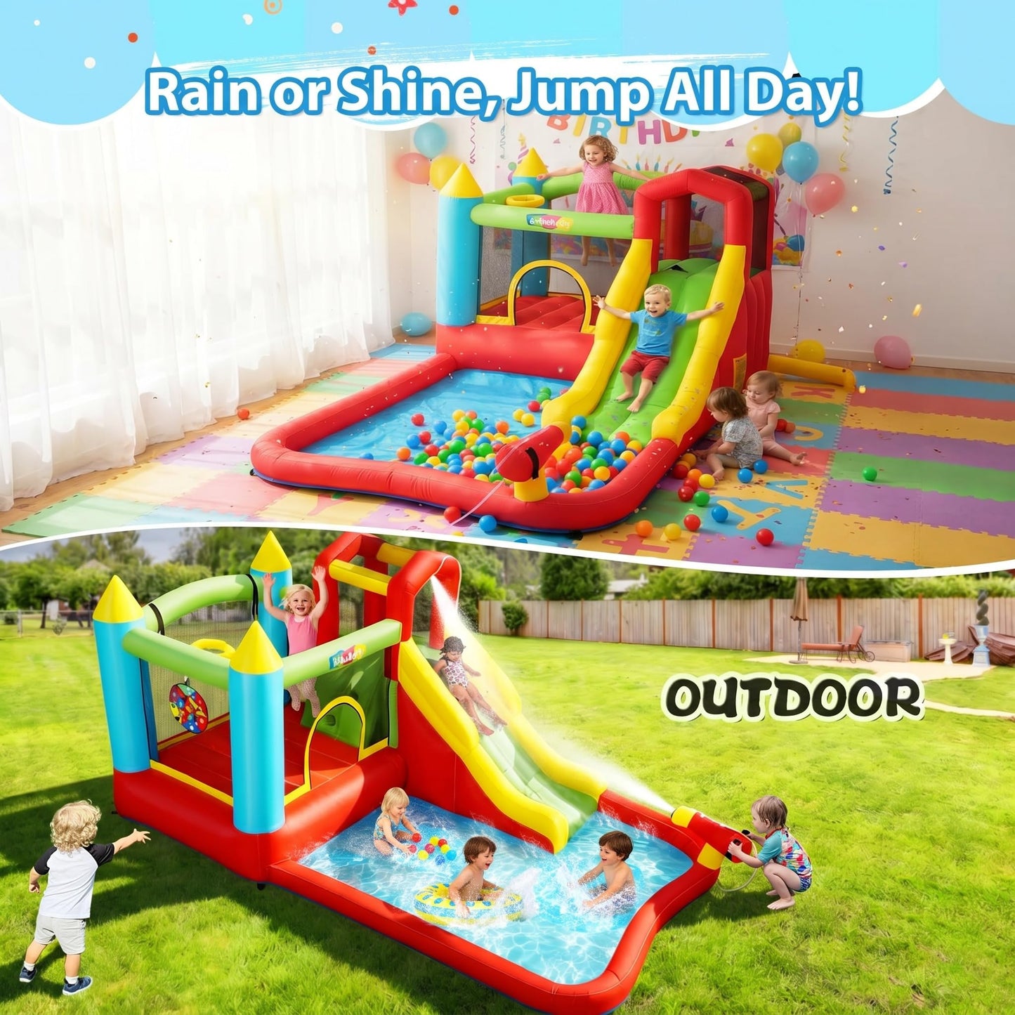 Infaltable Water Slides for Kids Backyard with Splash Pool & Sprinklers, Bounce House Combo, Climbing Wall, Kids Inflatable Water Park for Ages 3-12