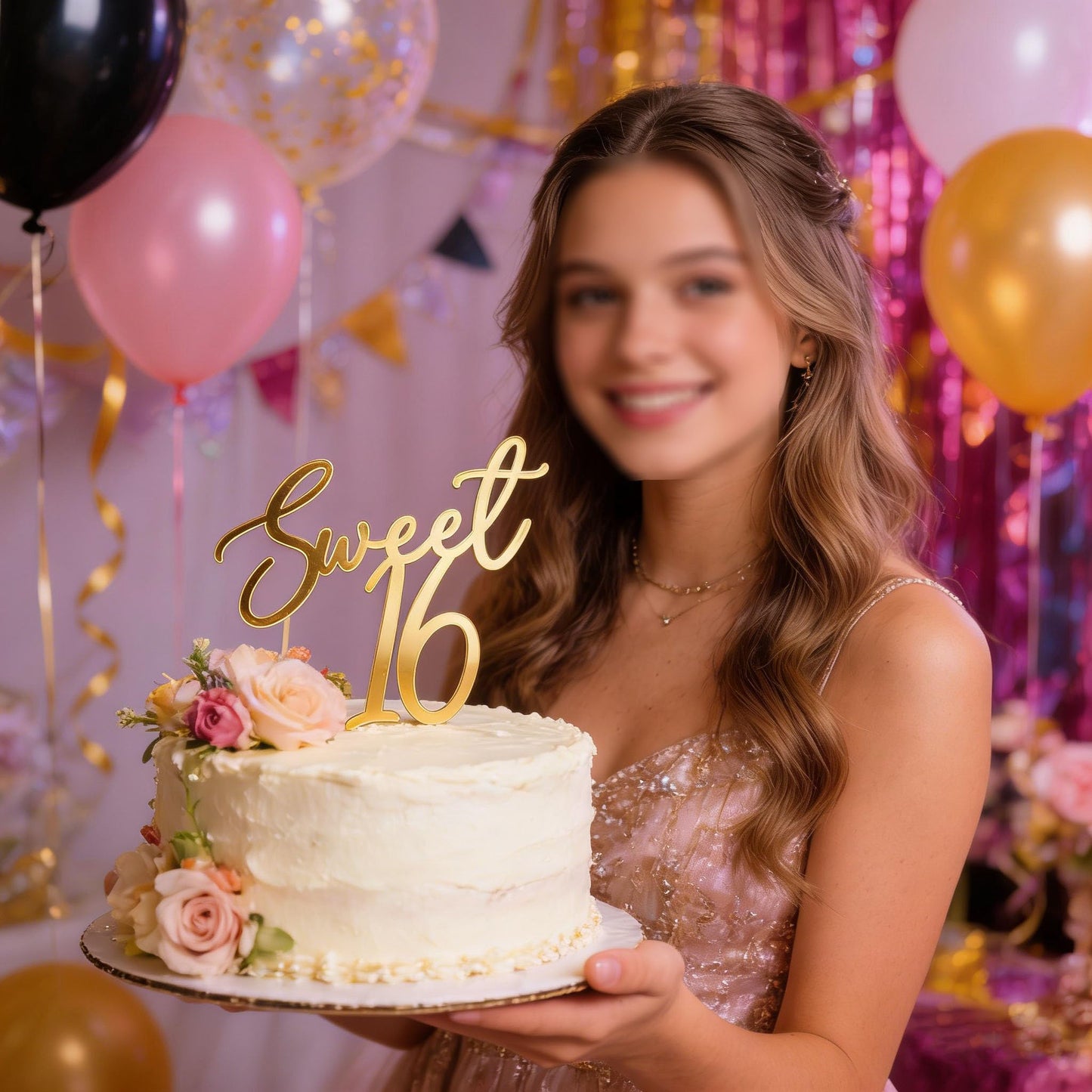 Sweet 16 Cake Topper,Gold Acrylic,Happy Sweet Sixteen Cake Decor,Sweet 16th Party Cake Decorations for Girl,Cheers to 16 Years,Numbers 16 Theme