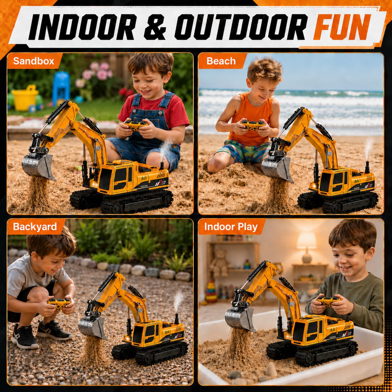 JoyDig Remote Control Excavator Toy, 4-in-1 RC Construction Vehicle with Metal Bucket, Best Birthday Gift RC Truck Digger, 680° Rotation, Smoke Spray