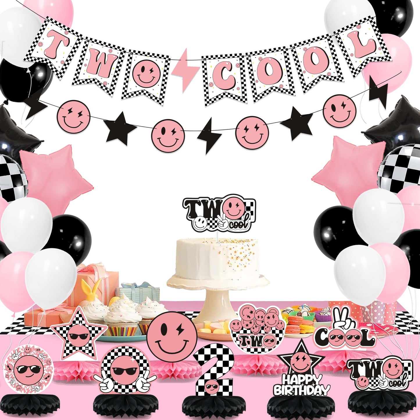 Two Cool Honeycomb Centerpiece Pink and Black Two Cool Dude Second Birthday Table Toppers for Two Year Old Happy Dude Photo Prop Yellow Black