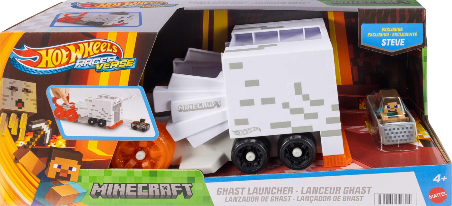 Hot Wheels Toy Car Track Set, RacerVerse Minecraft Ghast Large-Scale Launcher and Hauler with & Die-Cast Steve Vehicle