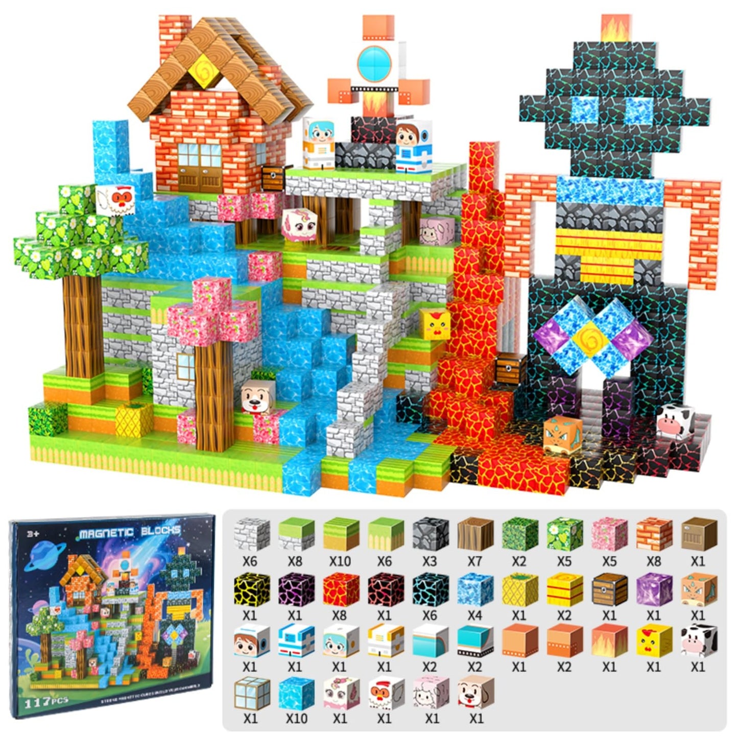 FXLYNAF Magnetic Blocks, 117-Piece 0.8in Build Astronaut Magnet Game Set, Stacking Building Blocks Cubes Magnets for Kids, STEM Sensory Creative Toys