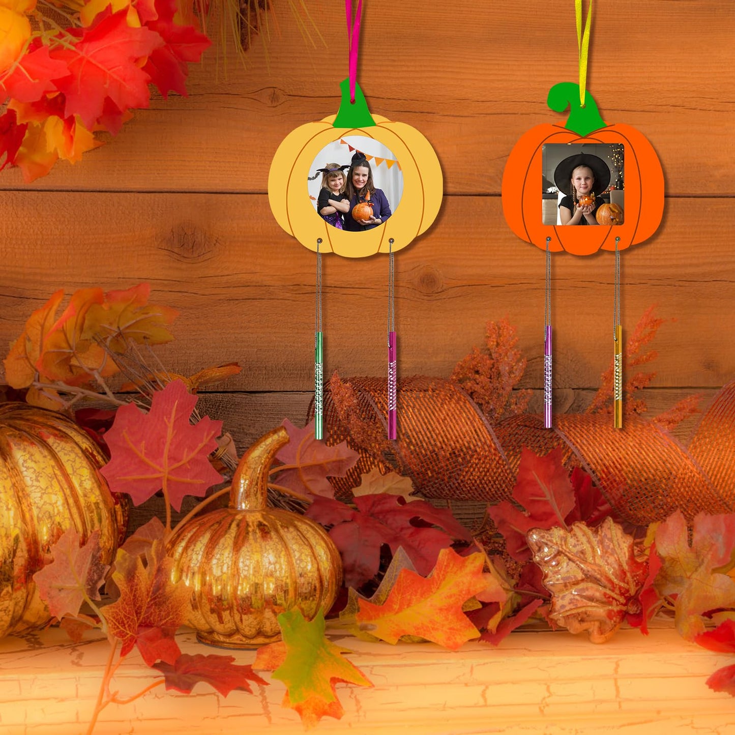 Fennoral 12 Pack Pumpkin Wind Chime Kit for Kids Make You Own Pumpkin Photo Frame Wind Chimes DIY Paint Fall Craft Wooden Ornaments for Art Project
