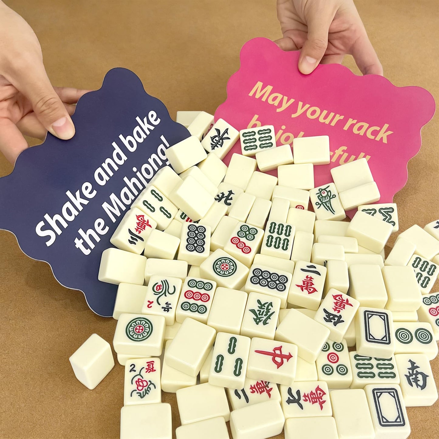 Xovnfp Mahjong Tile Shufflers 4 Pack, Colorful Mahjong Accessories with Fun Sayings, 1mm Thick PVC Mixers with Scalloped Edges, for Mah Jong Players