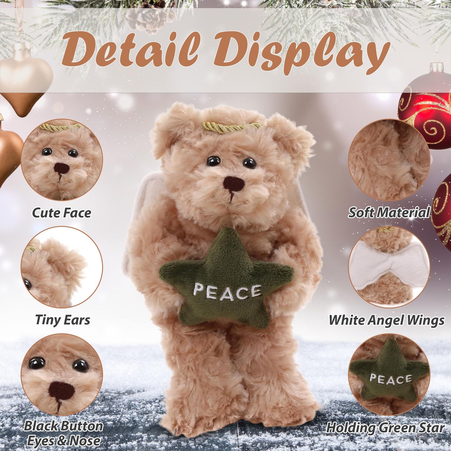 Plushland Angel Bears with White Wings and Halo,Hold Star with Hope Peace Joy, Soft Stuffed Animal Plush Toy Gift for Christmas 6 Inches (Beige)