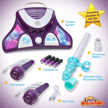 Little Pretender Kids Karaoke Machine with 2 Microphones and Adjustable Stand,AUX Port, Music Sing Along with Flashing Stage Lights and Pedals for Fun
