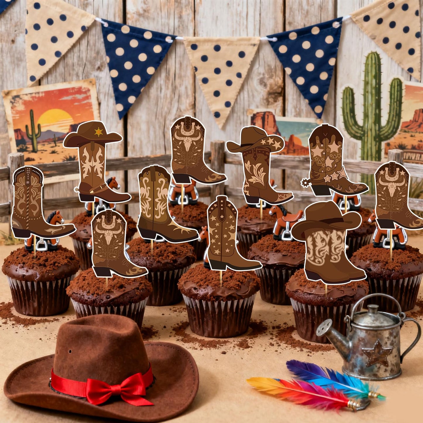 48pcs Cowboy Boots Cupcake Toppers Cowboy Cowgirl Western Rodeo Cupcake Toppers Western Cake Decorations for Rodeo Birthday Party Decorations Cowgirl