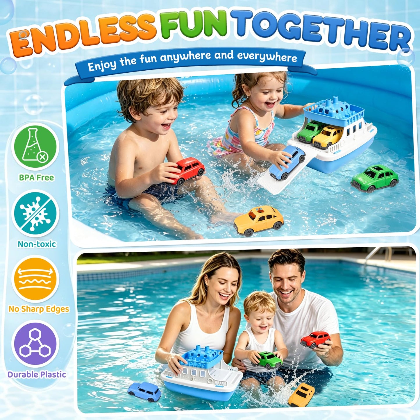 Ferry Bath Toy with Mini Cars, Floating Toy Boat & Slide-Out Ramp Water Play Set for Bath, Pool & Beach, Ages 3+