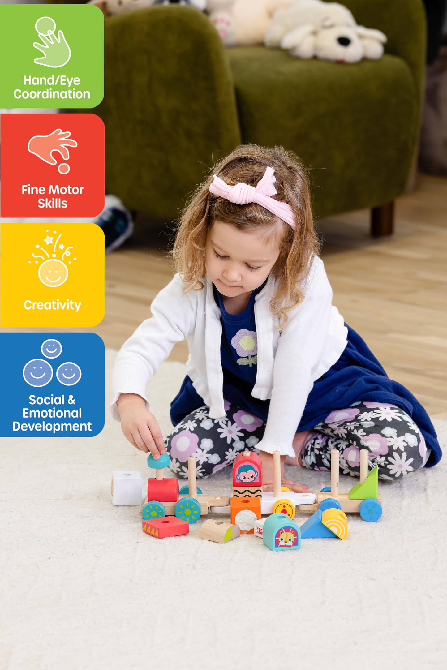 Jasey's Toy Chest Animal Friends Wooden Stacking Train | 16-Piece Train Set with 3 Interlocking Cars, 12 Colorful Double-Sided Animal Blocks |