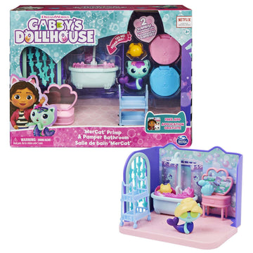 Gabby’s Dollhouse, Primp and Pamper Bathroom with Mercat Figure, 3 Accessories, 3 Furniture and 2 Deliveries, Kids Toys for Ages 3 and up