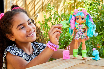 Mattel Cave Club Rockelle Doll (8 10-inch, Teal Hair) Poseable Prehistoric Fashion Doll with Dinosaur Pet and Accessories, Gift for 4 Year Olds and Up