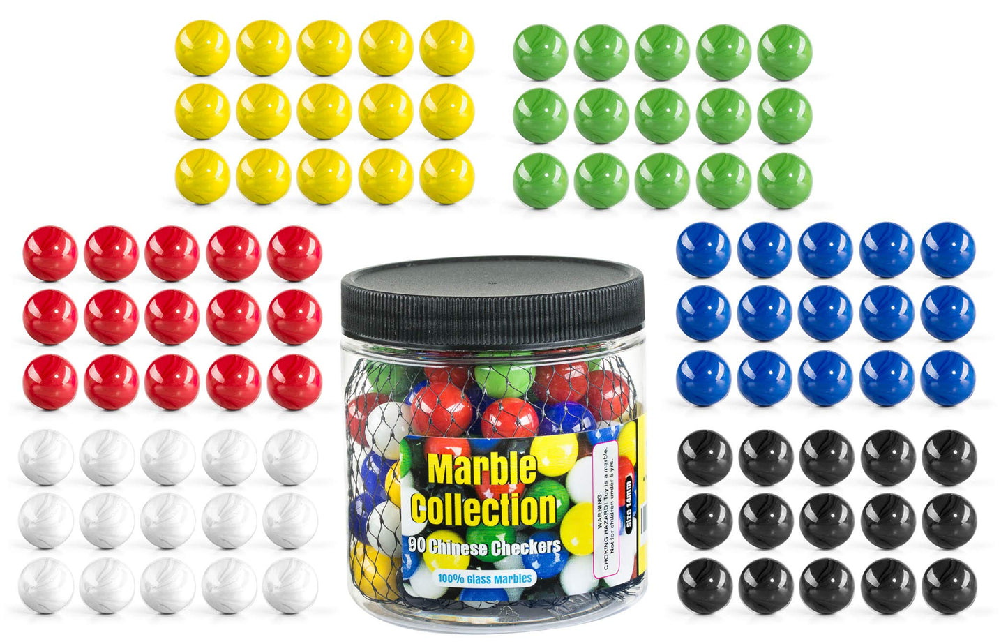 My Toy House Chinese Checkers Glass Marbles. Set of 90, 15 of Each Color. Size 9/16” (14mm), with Practical Container…