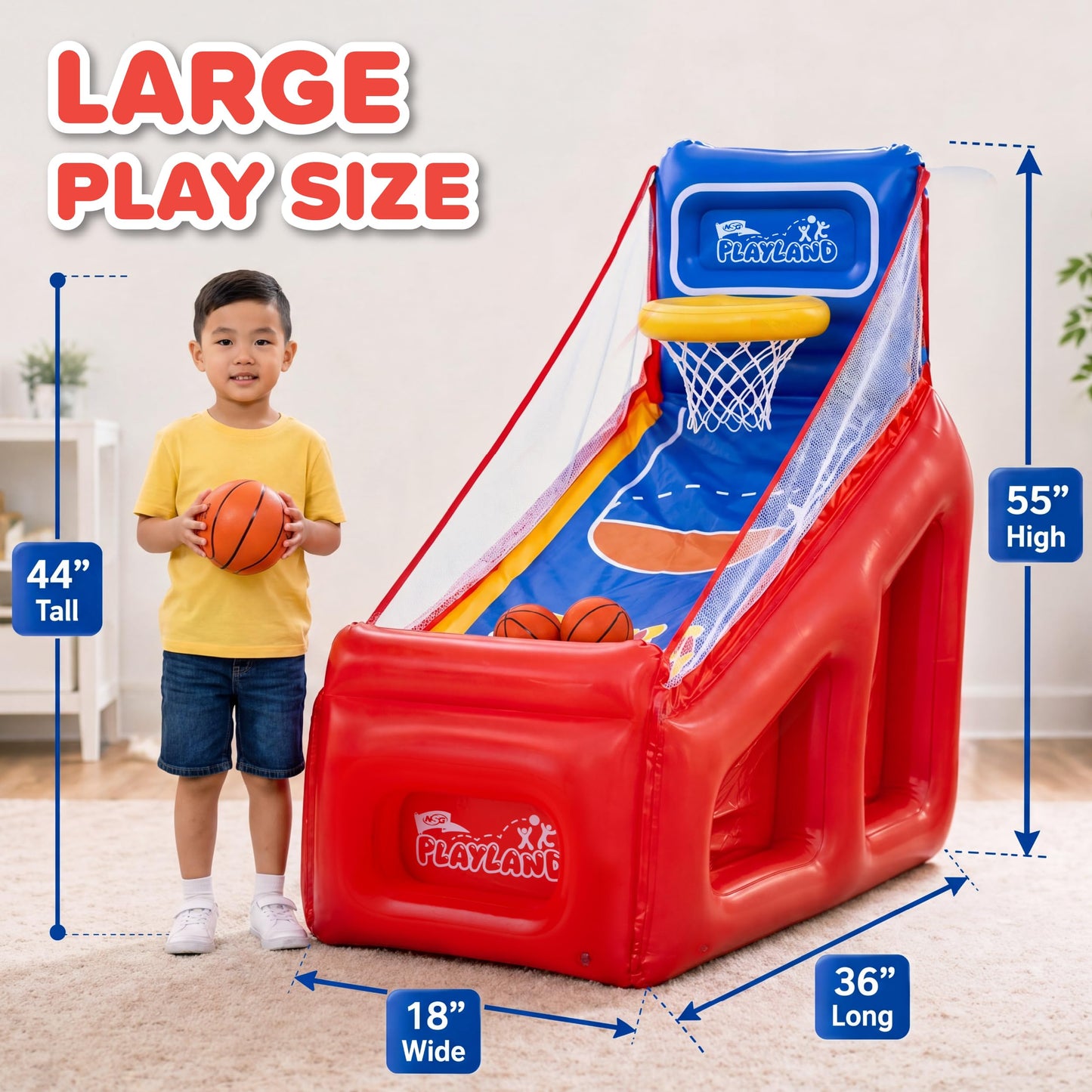 NSG PlayLand Shoot 'N' Score Inflatable Basketball Game for Kids Ages 3+ | Indoor & Outdoor Arcade Basketball Set with Hoop, 3 Balls & Pumps | Family