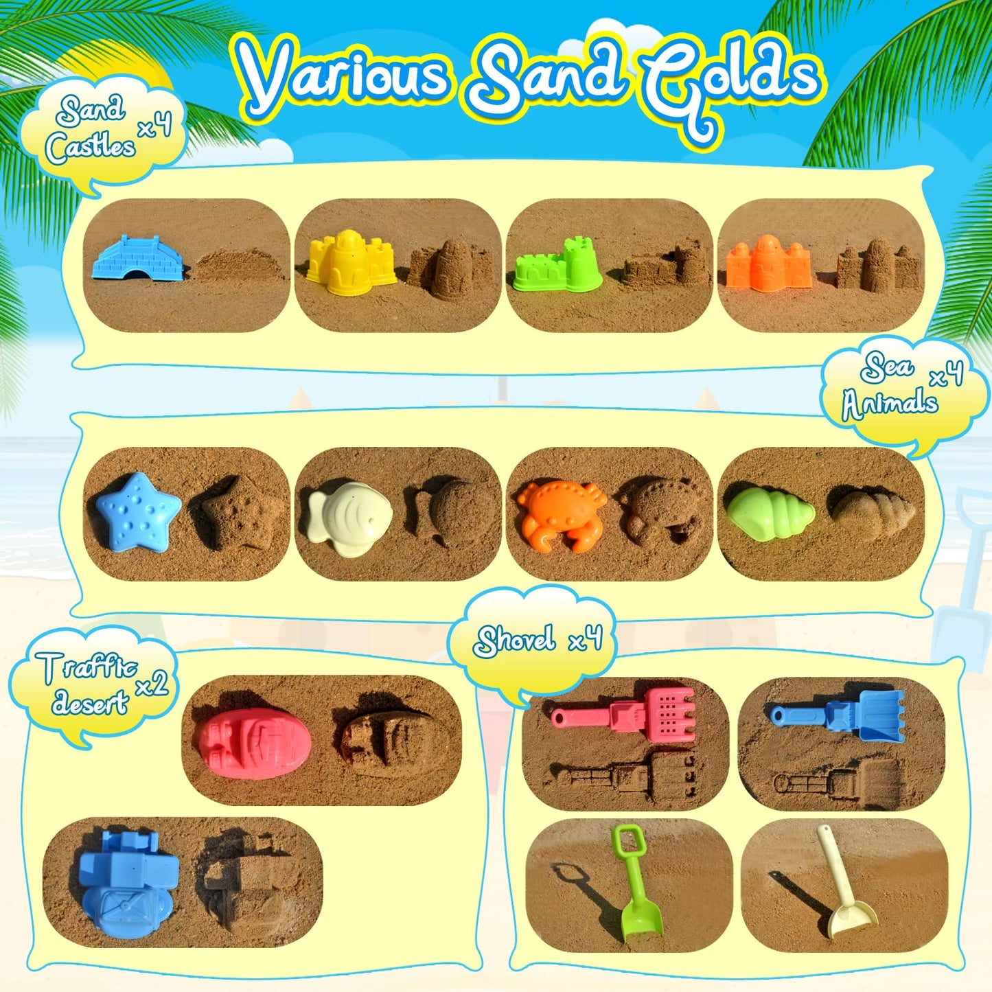 PUBUBLLE Collapsible Beach Sand Toys for Kids Toddlers,Travel Beach Toys with 3 Collapsible Sand Buckets,Shovels,Mesh Bags,Sand Molds,Castle Toys