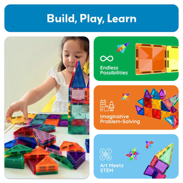 PicassoTiles 60 pcs Mini Magnetic Tiles Magnet Toys Travel-Friendly On-The-Go Building Blocks for Kids Compact Lightweight Creative playset Preschool