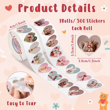 DSjuedui Romantic Realistic Animal Roll Stickers - 1000Pcs Cute Cat Dog Rabbit Sheep Heart Self Adhesive Stickers for Kids, Heart Shape Animal Vinyl