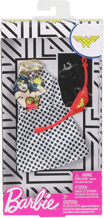 Barbie Clothes: Wonder Woman Outfit Doll, Graphic Polka-Dotted Dress, Fanny Pack and Bangle, Gift for 3 to 8 Year Olds