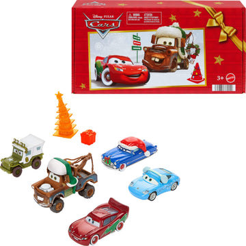 Mattel Disney and Pixar Cars Toy Multipack, Set of 5 Winter-Themed Vehicles Including a Holiday Hotshot Lightning McQueen & 2 Plastic Accessories