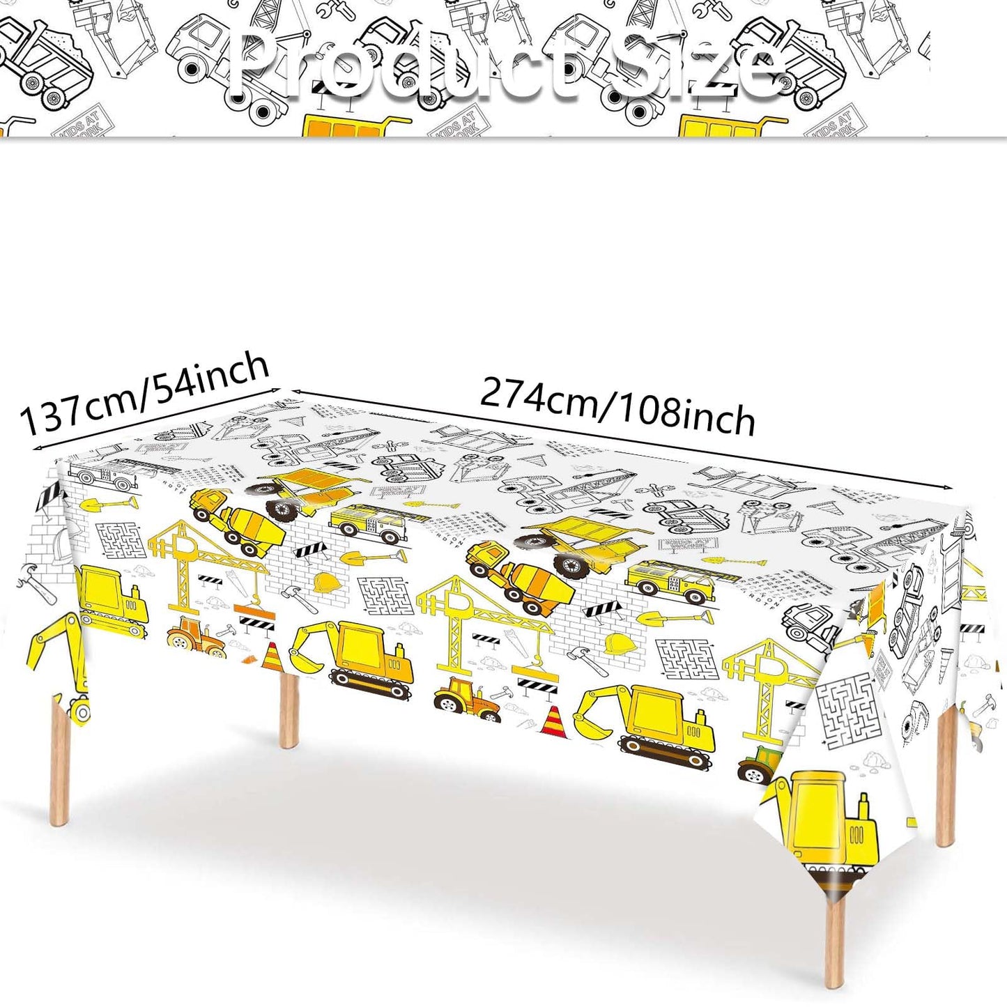 Broeify Giant Construction Coloring Tablecloth - 54"x108" Disposable Paper Table Cover Poster with Excavators, Dump Trucks, and Cranes for Birthday