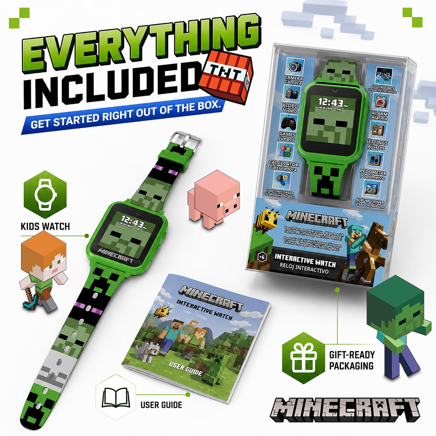 Minecraft Kids Smartwatch - Interactive LED Screen Watch with 10 Custom Watch Faces, Games, Camera, Alarm, Step Tracker & More - Fun Tech Gift