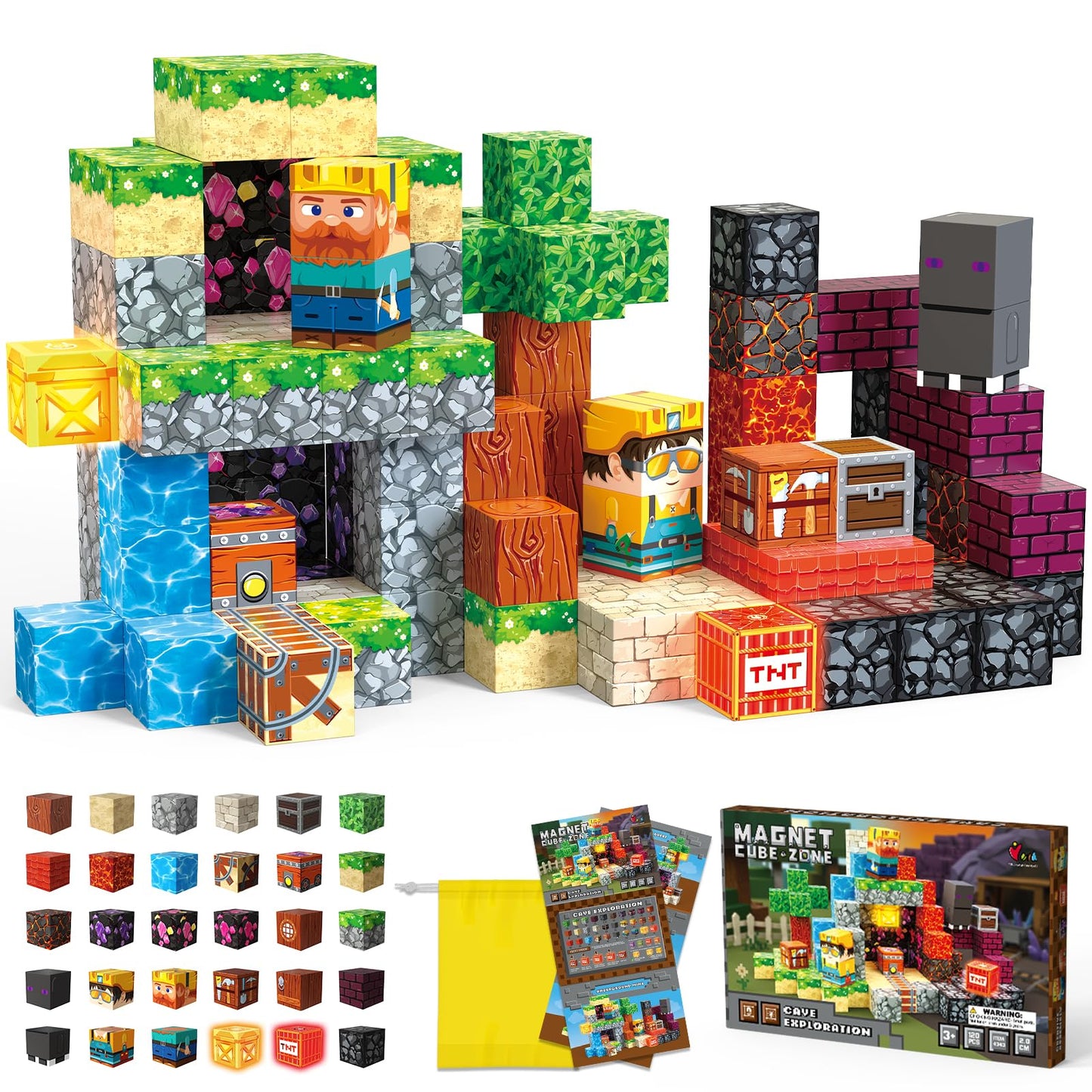 FunsBloomify Magnetic Blocks 120PCS Cave Adventure | STEM Educational Building Toys for Kids Age 3+, Creative Stacking Construction Set with 0.8in