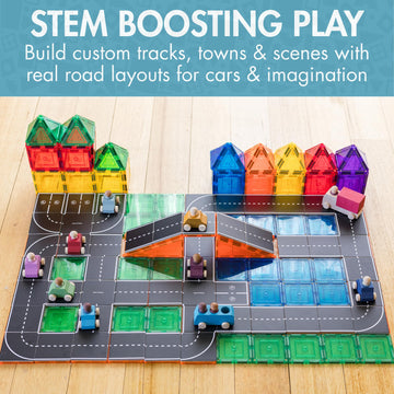 Learn & Grow Magnetic Tiles Road Expansion Pack - 40PCs Road Toppers Set for Cars, STEM Learning & Building Toy - Magnetic Tile Accessories for Kids